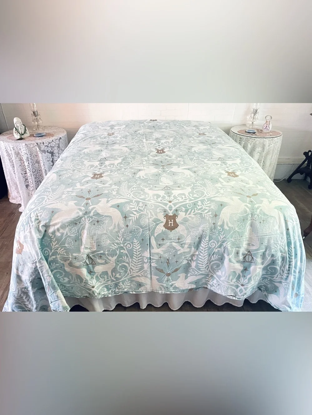 Harry Potter Patronus Damask Duvet Cover Pottery Barn Cotton Mystic Mint 108x92